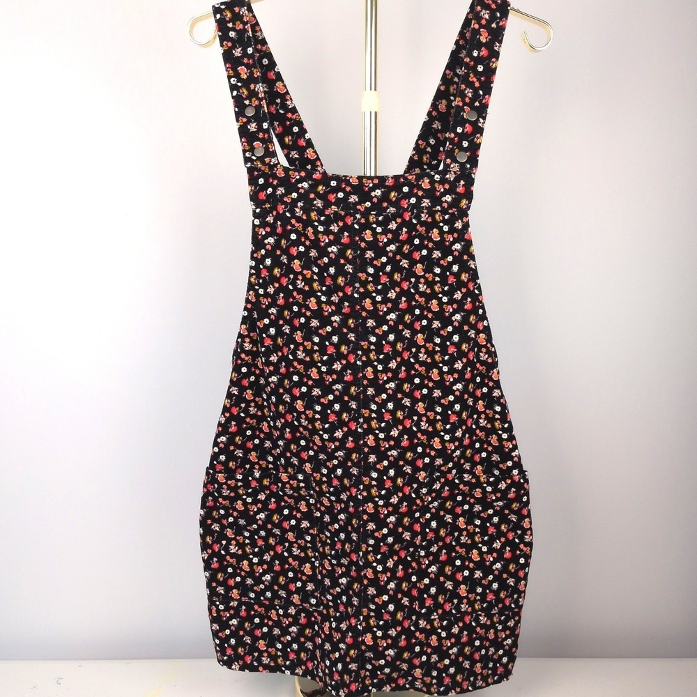 Xhilaration Women L Jumper Dress Black Floral Corduroy Bib Pinafore Mini Pocket